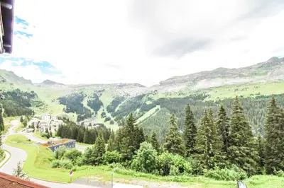 a view of a valley with trees and mountains at Joli, spacieux appartement T3 sud ski aux pieds, parking in Flaine