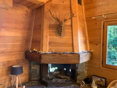 a fireplace in a log cabin with a deer head on the wall at Superbe CHALET (14 personnes) & SAUNA au pied du Mont Blanc in Les Contamines-Montjoie