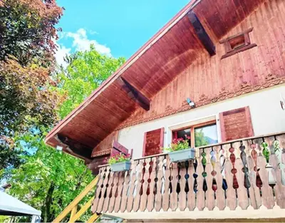 a house with a balcony with potted plants on it at les loges de l'Arpenaz in Magland