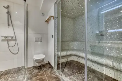 a bathroom with a shower and a toilet at Chalet Castor in Les Houches