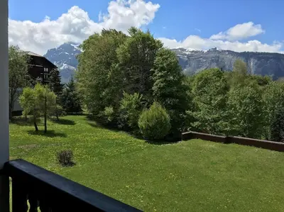 a green yard with trees and mountains in the background at Studio très lumineux 4 pers in Les Carroz d'Araches