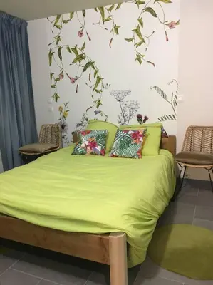 a bedroom with a green bed with two chairs at Lyret - Centre ville, vue MontBlanc, parking, wifi in Chamonix-Mont-Blanc