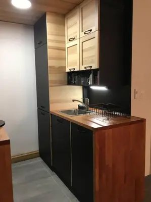 a kitchen with a sink and wooden cabinets at Lyret - Centre ville, vue MontBlanc, parking, wifi in Chamonix-Mont-Blanc