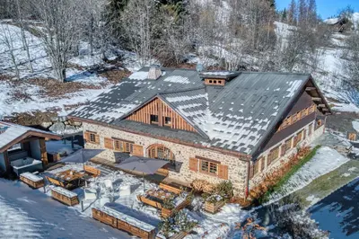 an aerial view of a house in the snow at Le Chalet Remy in Saint-Gervais-les-Bains