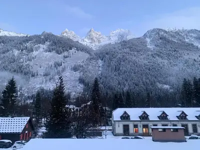 a house in the snow with cars parked in front at Résidence La Ginabelle - maeva Home - Appartement vue mont blanc 3 pièces 6 personnes avec parking - Prestige MAE-8604 in Chamonix-Mont-Blanc