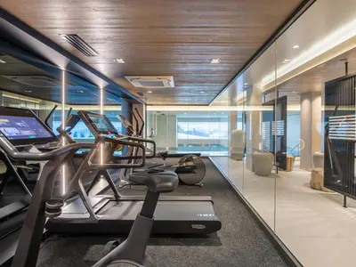 a gym with two ellipticals and a treadmill at Superbe appartement avec jardin à Megève, 3 chambres, animaux acceptés - FR-1-569-118 in Megève