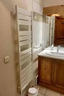 a bathroom with a sink and a toilet and a mirror at Residence le Grand Panorama - with garden & view in Saint-Gervais-les-Bains