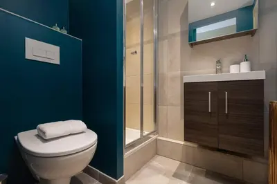 a bathroom with a toilet and a glass shower at Modern apartment with the best Mont Blanc view! in Chamonix-Mont-Blanc
