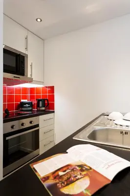 a kitchen with a counter top with a stove and a sink at Apartment Chamois Blanc 2 Centre Chamonix Mont Blanc in Chamonix-Mont-Blanc