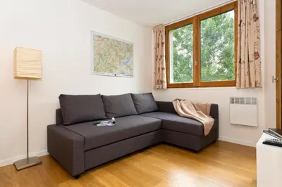 a living room with a couch and a window at Apartment Chamois Blanc 2 Centre Chamonix Mont Blanc in Chamonix-Mont-Blanc