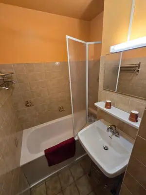 a bathroom with a sink and a shower and a tub and a sink at Hotel et centre de vacances Le Choucas in Sixt