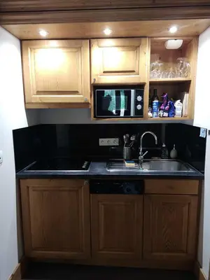 a kitchen with a sink and a microwave at Duplex résidence spa Mont-Blanc in Vallorcine