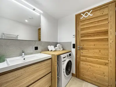a laundry room with a sink and a washing machine at GRD005 - Appartement standing 6 pers pied de piste in Les Carroz d'Araches