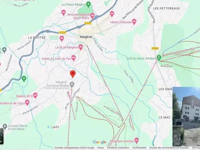 a map showing the locations of the eruptions at Appartement rénové à 150m des remontées, terrasse et parking couvert - FR-1-569-126 in Megève