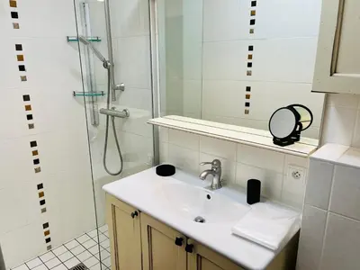 a bathroom with a sink and a shower at Studio du cerf in Megève