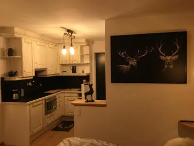 a kitchen with white cabinets and two deer heads on the wall at Studio du cerf in Megève