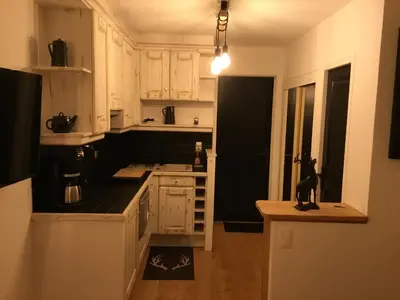 a kitchen with white cabinets and a cat sitting on a counter at Studio du cerf in Megève
