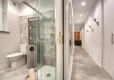 a bathroom with a shower and a toilet at Apartment Bonatti 202 in Chamonix-Mont-Blanc