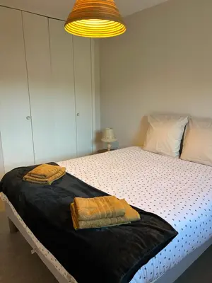 a bedroom with a bed with two pillows on it at Appartement 109 in Sallanches