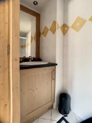a bathroom with a sink and a mirror at rous 03 in Les Carroz d'Araches