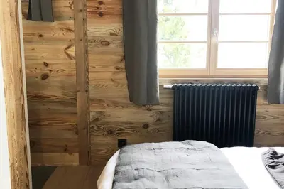 a bedroom with a wooden wall and a bed at Megeve cosy appartement Bianca centre in Megève
