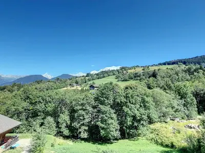 an overhead view of a hill with trees and a house at Appartement neuf avec vue Mont Blanc, parking et wifi à Combloux - FR-1-560-113 in Combloux