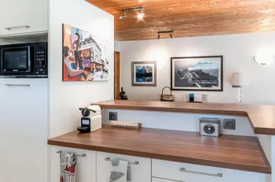 a kitchen with a counter top and a microwave at Les Marmottes - Renovated and cozy apart - View of the mountains in Les Houches