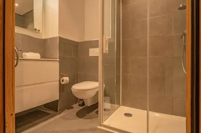 a bathroom with a toilet and a glass shower at Grand Paradis- Modern 3 bedroom apartment with spectacular views in Chamonix-Mont-Blanc