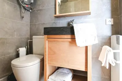 a small bathroom with a toilet and a sink at Stunning 4-bedroom apartment Flaine Foret, fully refurbished, beautiful panoramic views in Flaine