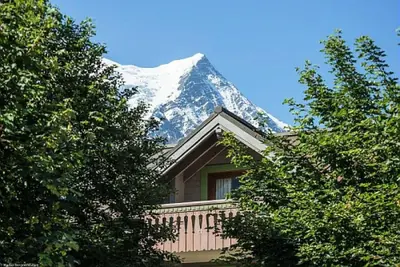 a snow covered mountain behind a house with trees at Résidence La Ginabelle - maeva Home - Appartement 4 Pièces 8 Personnes - Sélection MAE-7444 in Chamonix-Mont-Blanc