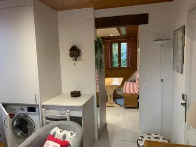 a kitchen with a washer and dryer in a house at LES TOURISTES in Combloux