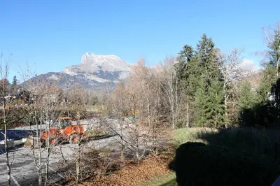 a mountain in the distance with a pile of rubble at Be first on the lift each morning! 2bed apt. 6 pax in Saint-Gervais-les-Bains