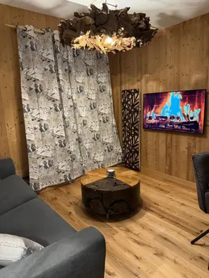 a living room with a couch and a tv at Cocon au cœur de Chamonix avec parking gratuit in Chamonix-Mont-Blanc