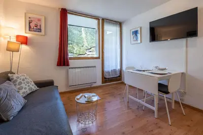 a living room with a couch and a table at Cosy studio with view of Brévent in Chamonix-Mont-Blanc