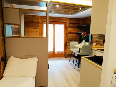 a kitchen and living room in a log cabin at Le Cocon Des Pistes in Saint-Gervais-les-Bains