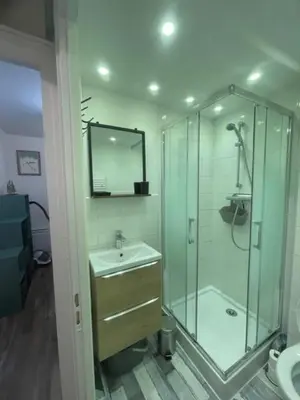 a bathroom with a glass shower and a sink at Résidence La Ruche-Appartement ISOARD (T2) in Les Carroz d'Araches
