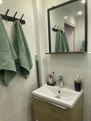 a bathroom with a sink and a mirror and green towels at Résidence La Ruche-Appartement ISOARD (T2) in Les Carroz d'Araches