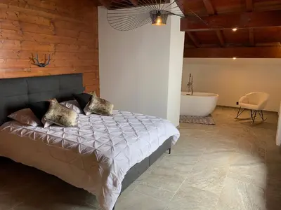 a bedroom with a bed and a tub in a room at Chalet de la buche croisée in Combloux