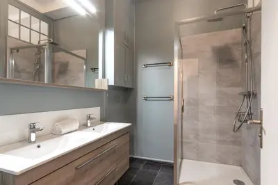 a bathroom with a sink and a shower at Majestic - Appartement 2 pas du centre-ville Chamo in Chamonix-Mont-Blanc