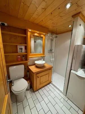 a bathroom with a toilet and a sink and a shower at Chalet LE REPAIRE proches des Pistes in Megève