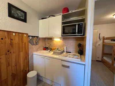 a small kitchen with a sink and a microwave at Confortable 2 pièces sans ascenseur, pour 4/5 pers., Morillon 1100 - FR-1-642-63 in Morillon