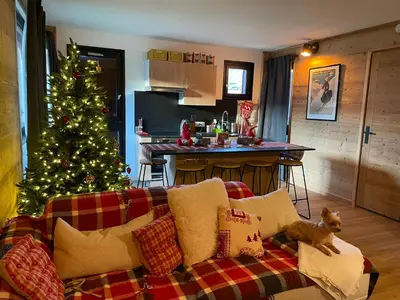 a living room with a christmas tree and a couch at Très bel appartement spacieux in Les Carroz d'Araches