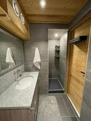 a bathroom with a sink and a shower at Très bel appartement spacieux in Les Carroz d'Araches