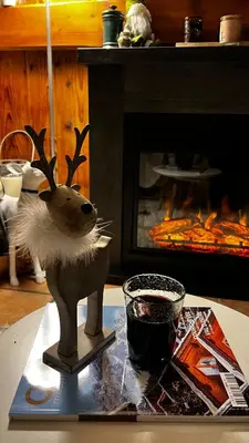 a statue of a reindeer on a table next to a fireplace at Hygge and Lykke in Saint-Gervais-les-Bains