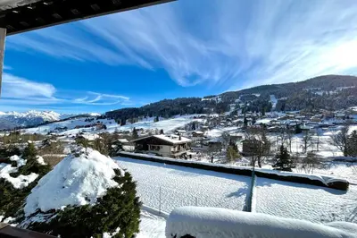 a view from the balcony of a house in the snow at Le Balcon des Princesses in Demi-Quartier