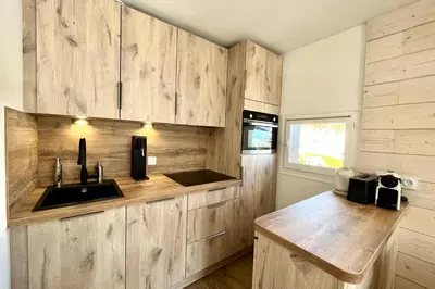 a kitchen with wooden cabinets and a sink at Le Balcon des Princesses in Demi-Quartier