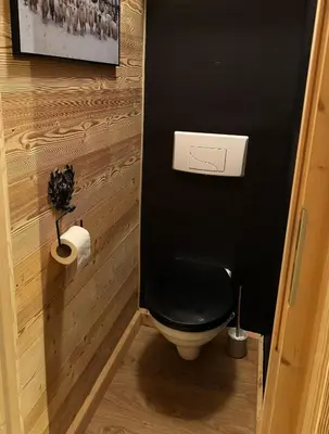 a bathroom with a black toilet with a black seat at Très bel appartement avec parking gratuit in Megève