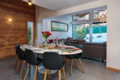 a dining room with a table and chairs at Chalet Gloribel in Chamonix-Mont-Blanc