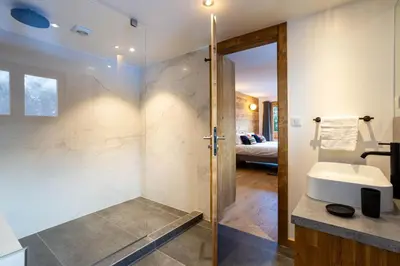 a bathroom with a shower and a toilet and a sink at Chalet Gloribel in Chamonix-Mont-Blanc