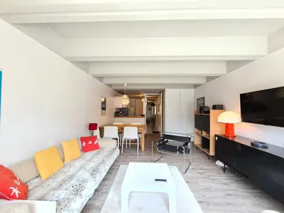a living room with a couch and a tv at Appartement confortable · Proche pistes · WIFI gratuit - FR-1-425-211 in Arâches-la-Frasse